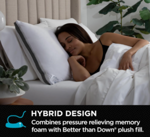 Woman sleeping comfortably on Brookstone 2-in-1 Comfort Memory Foam Pillow