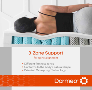 Woman lying on Dormeo mattress showcasing 3-zone support.